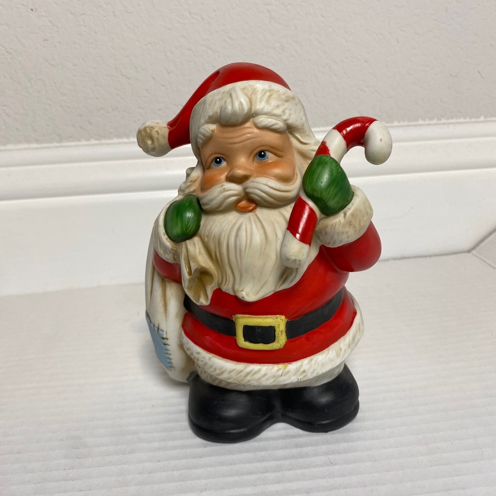 Vintage Ceramic Santa Claus Candy Cane Coin Bank‎ Red White Christmas Decor
